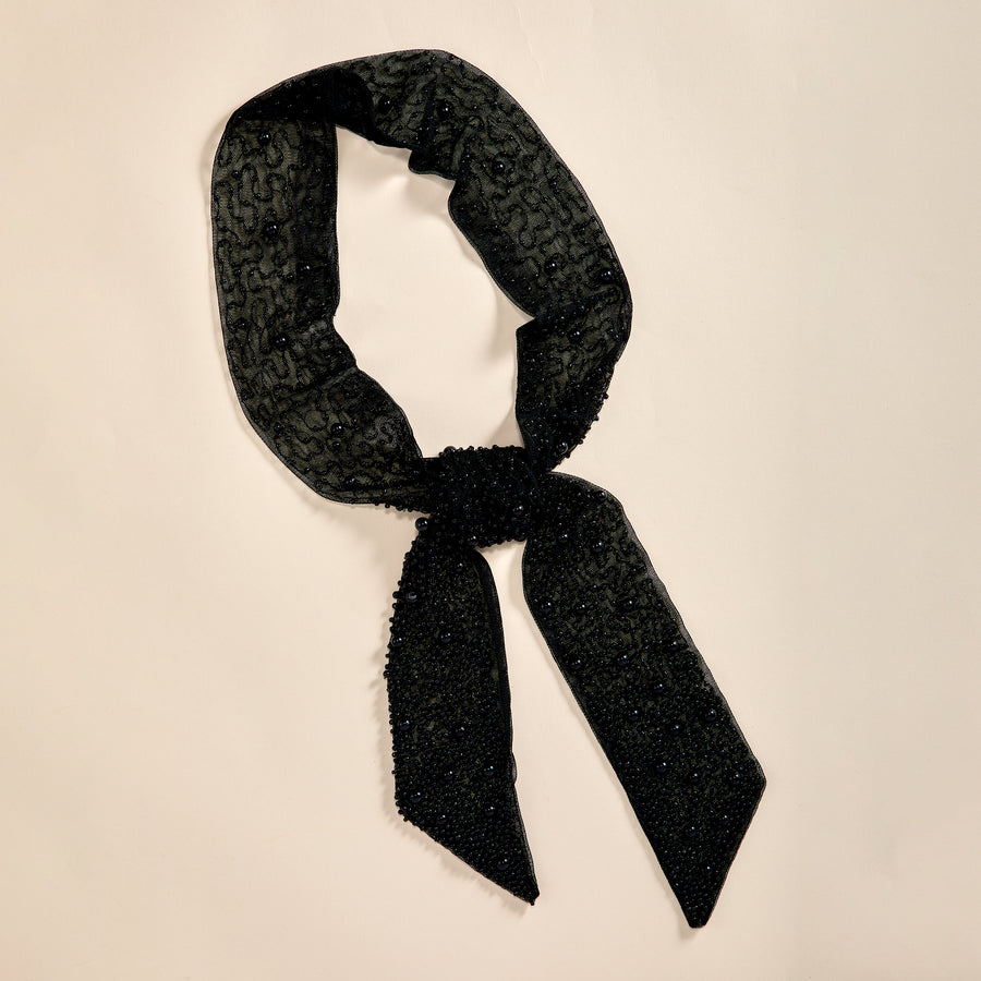 Hand-Beaded Black Pearl Skinny Scarf