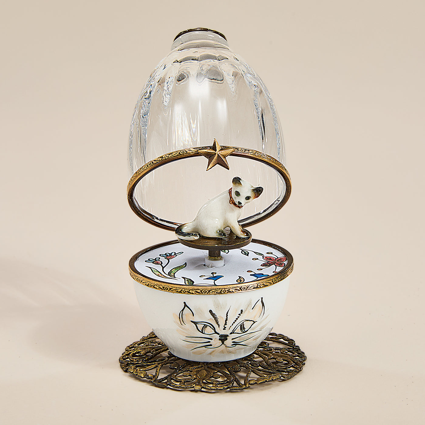 Limoges Porcelain & Crystal Musical Cat Egg
