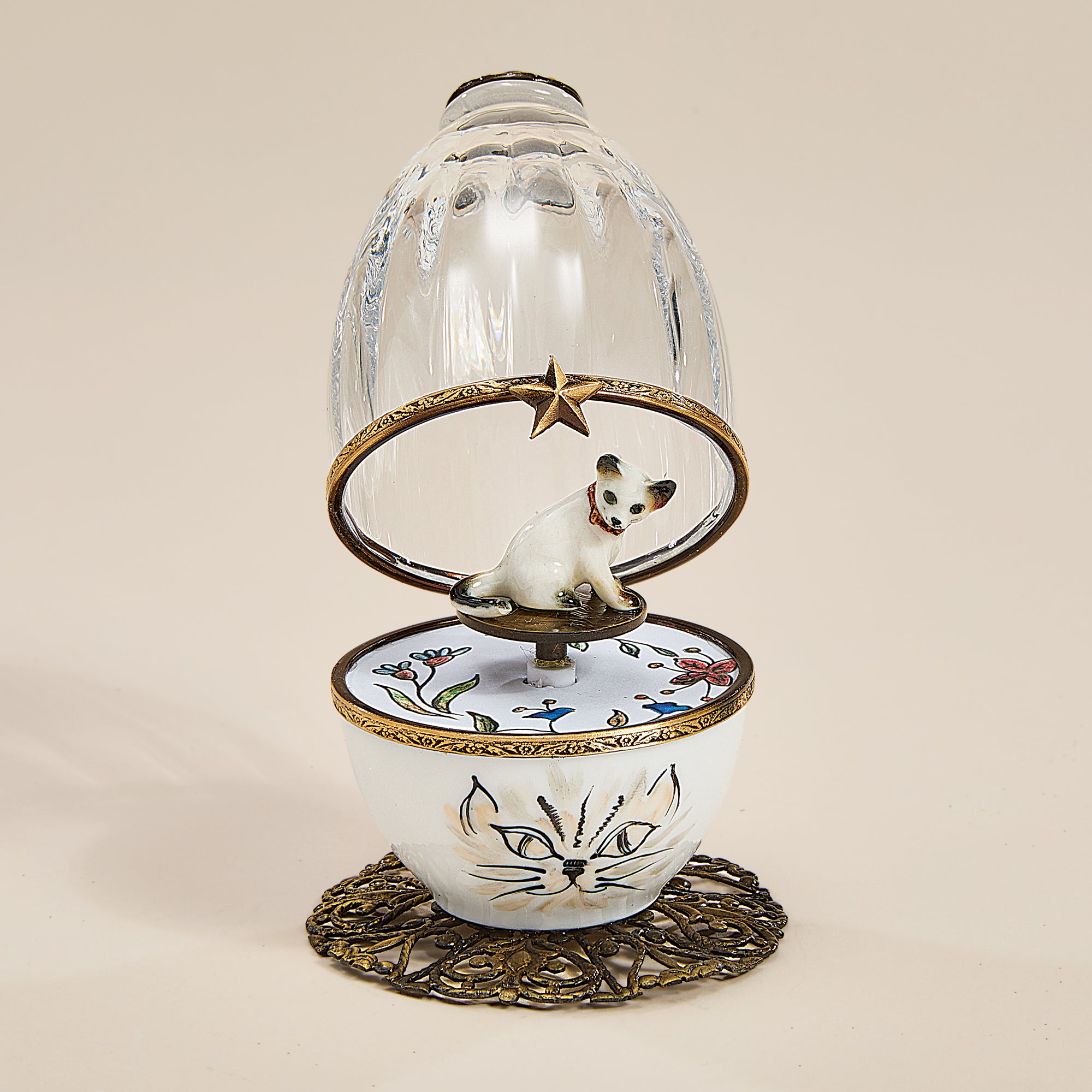 Limoges Porcelain & Crystal Musical Cat Egg