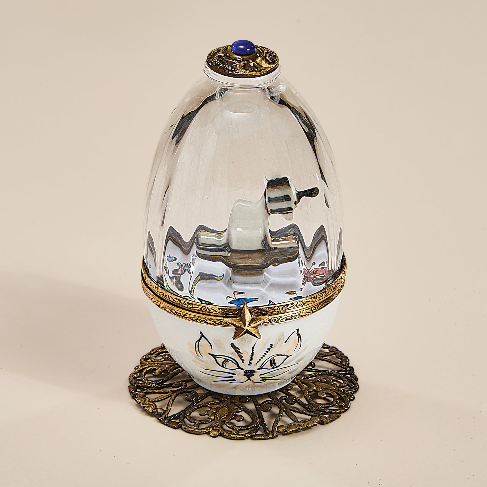 Limoges Porcelain & Crystal Musical Cat Egg