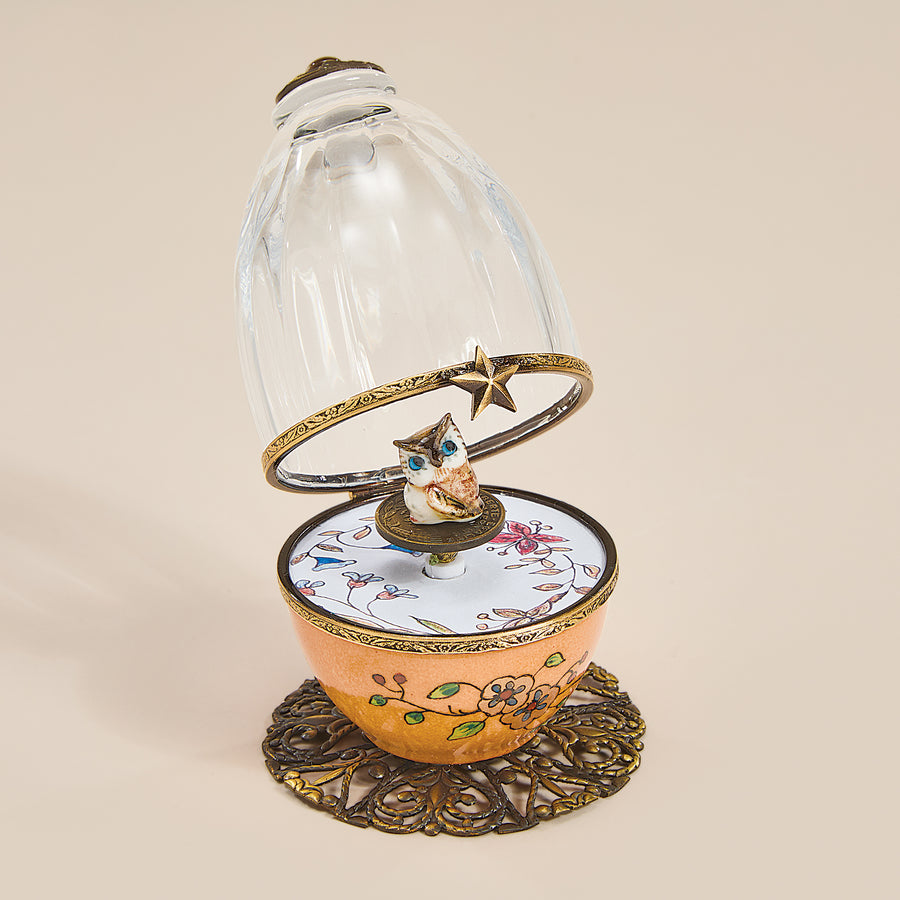 Limoges Porcelain & Crystal Musical Owl Egg