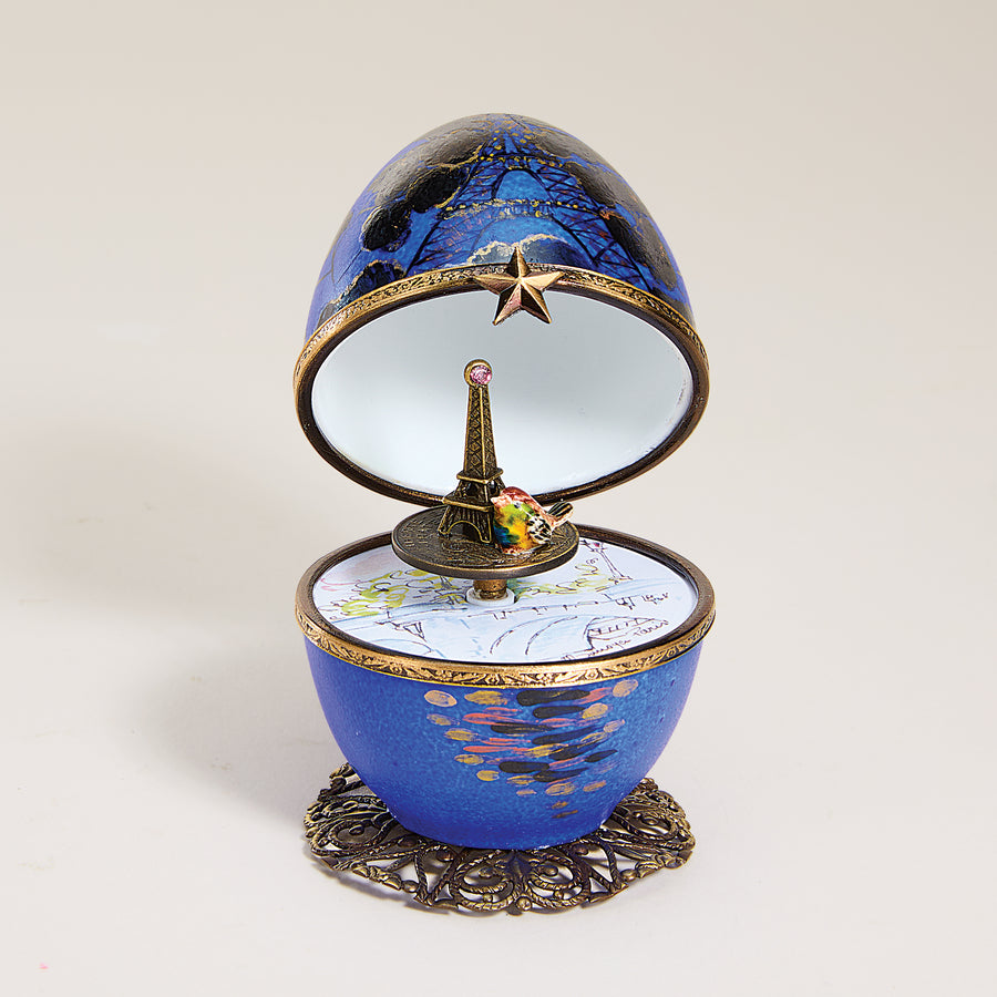 Limoges Porcelain & Blue Metal Eiffel Tower Musical Egg (Preorder)