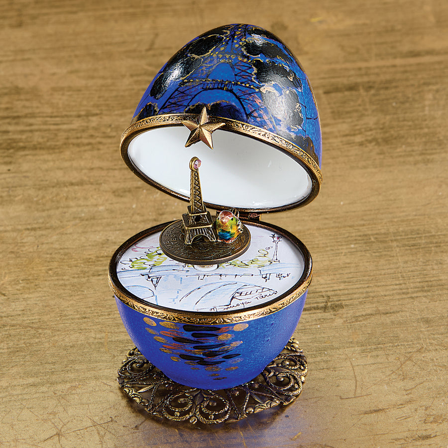 Limoges Porcelain & Blue Metal Eiffel Tower Musical Egg (Preorder)