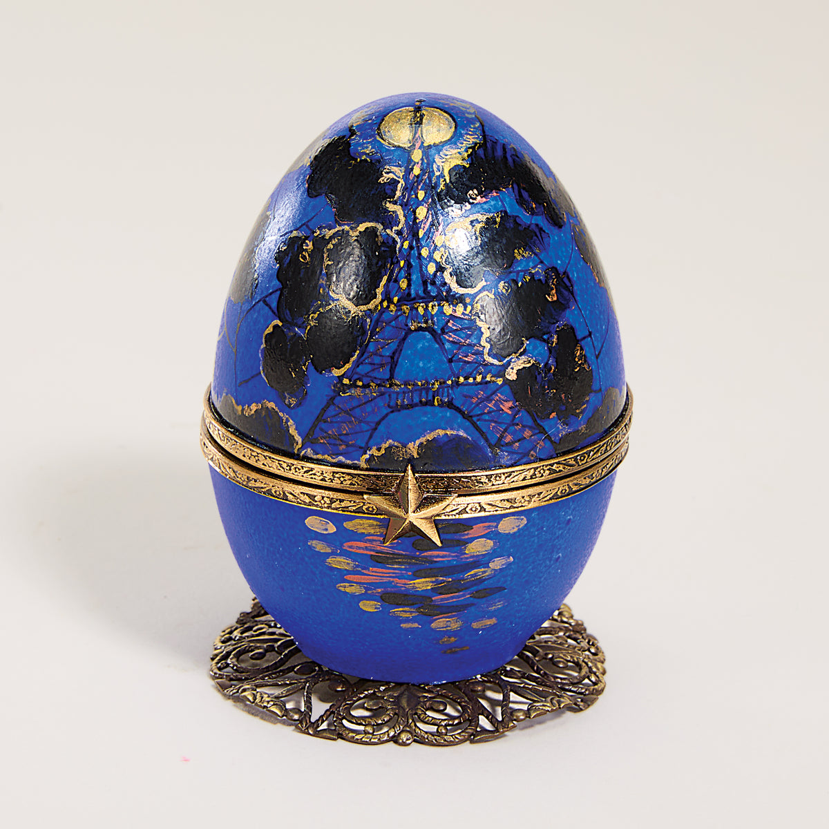 Limoges Porcelain & Blue Metal Eiffel Tower Musical Egg (Preorder)