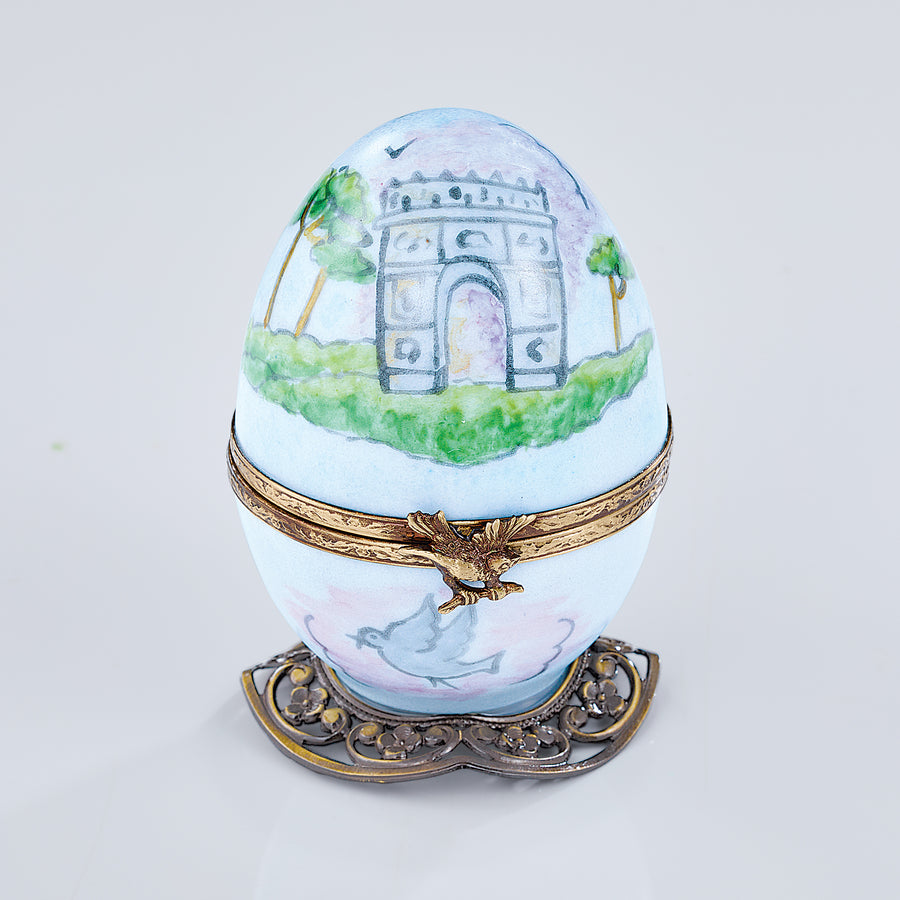 Limoges Porcelain Arch de Triomphe Egg With Bluebird