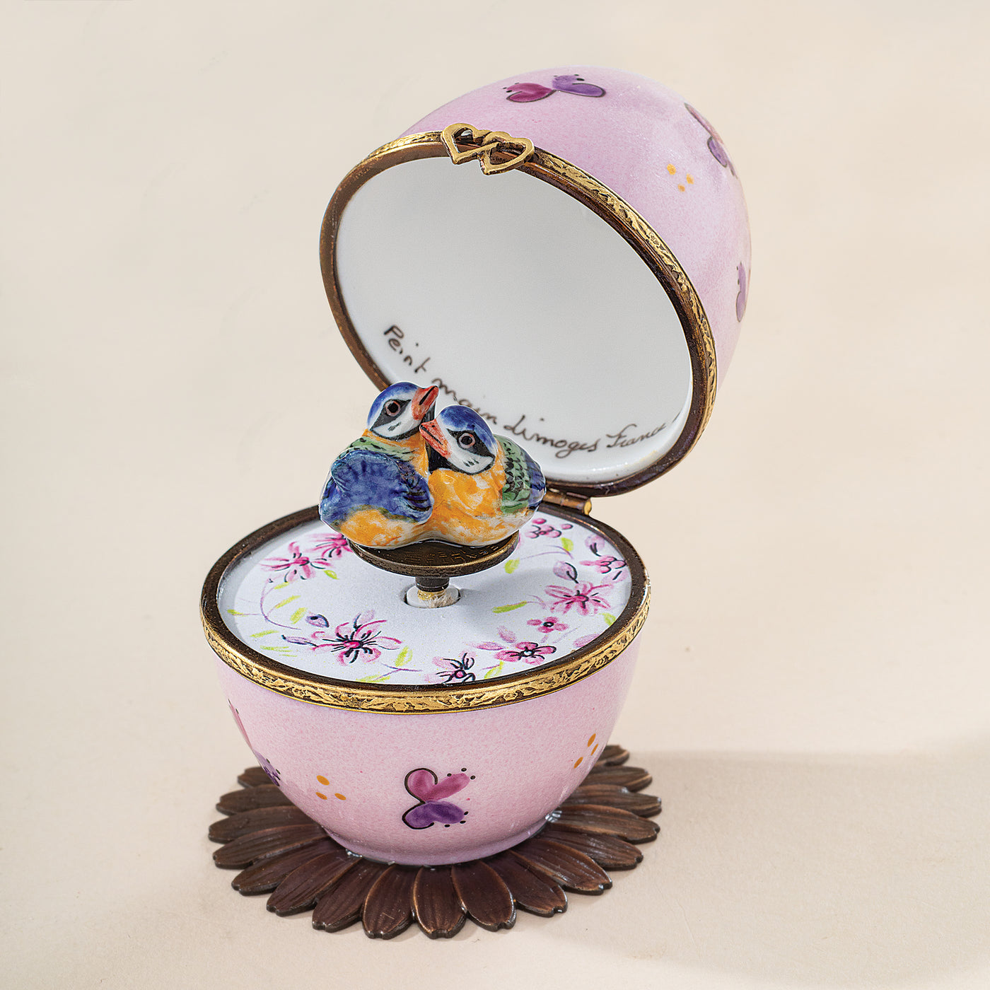 Limoges Porcelain Bluebirds Musical Egg