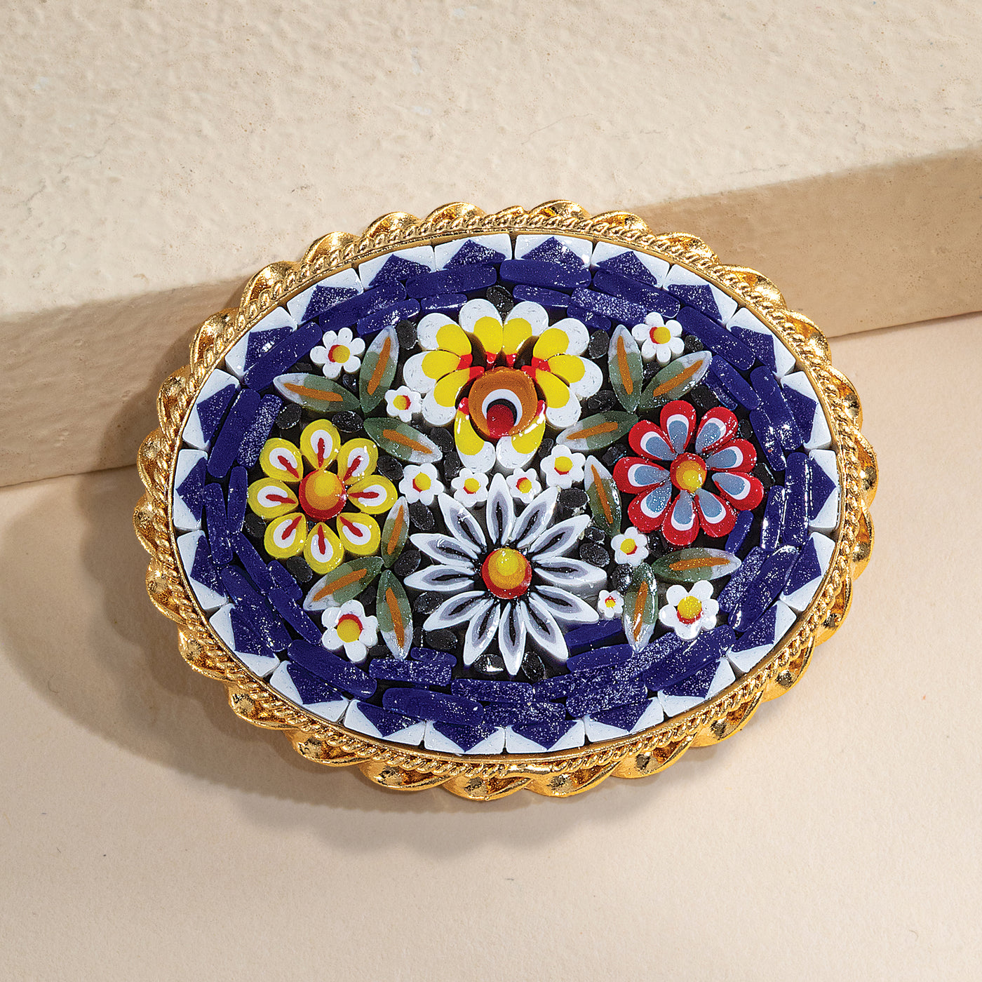 Florentine Navy Murano Glass Mosaic Brooch