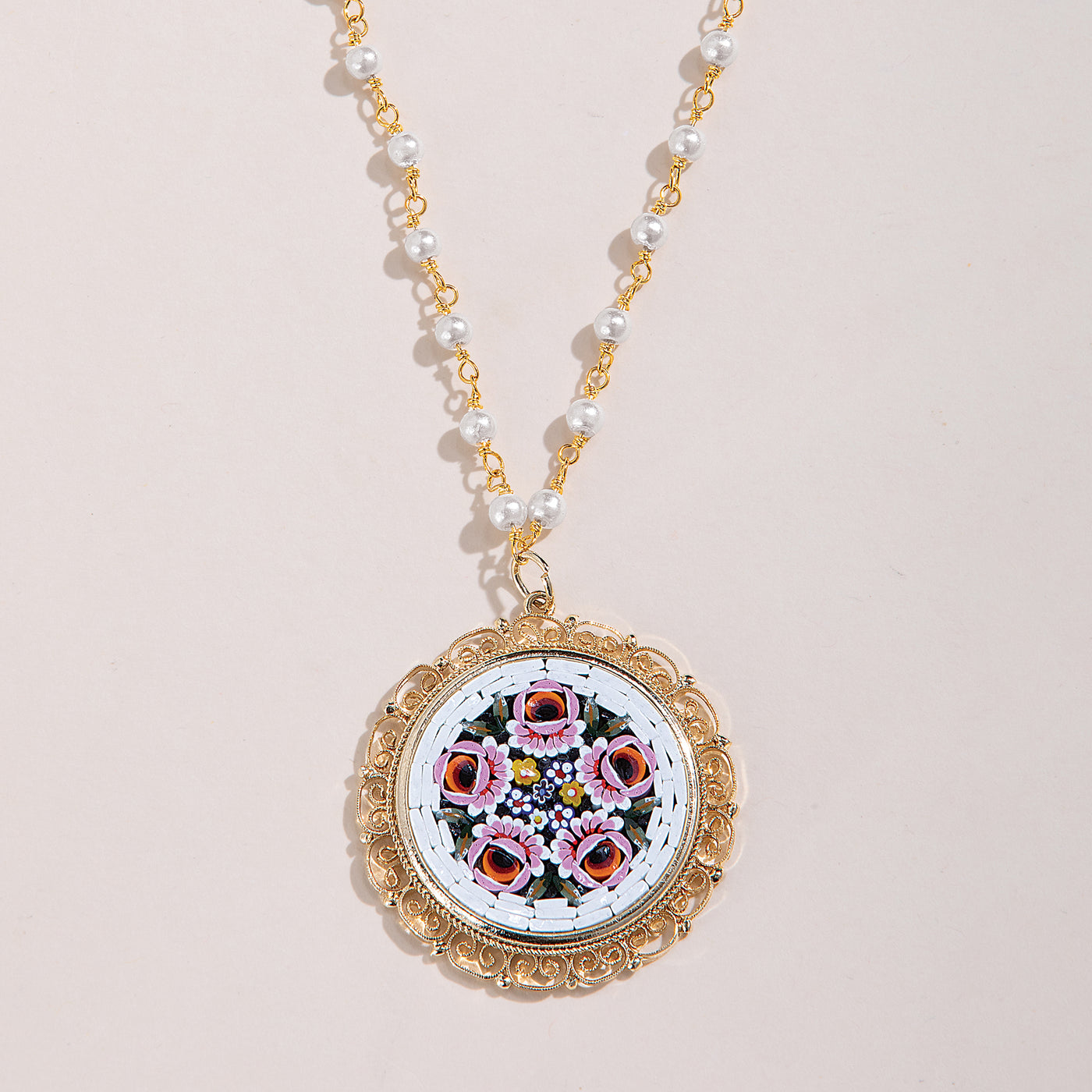 Florentine Murano Glass Mosaic Floral Pendant Necklace