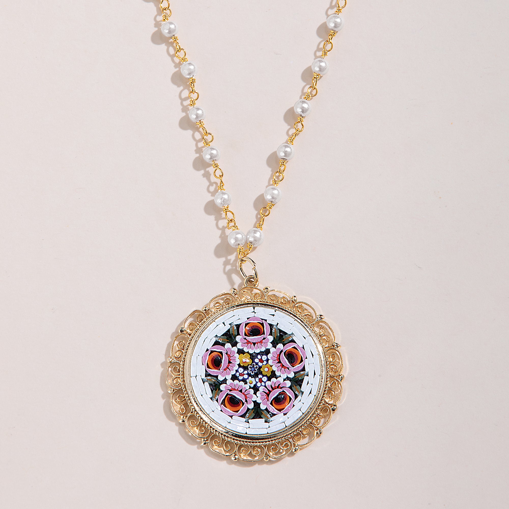 Florentine Murano Glass Mosaic Floral Pendant Necklace