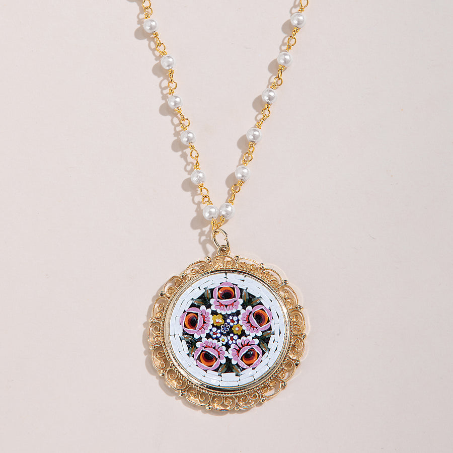 Florentine Murano Glass Mosaic Floral Pendant Necklace