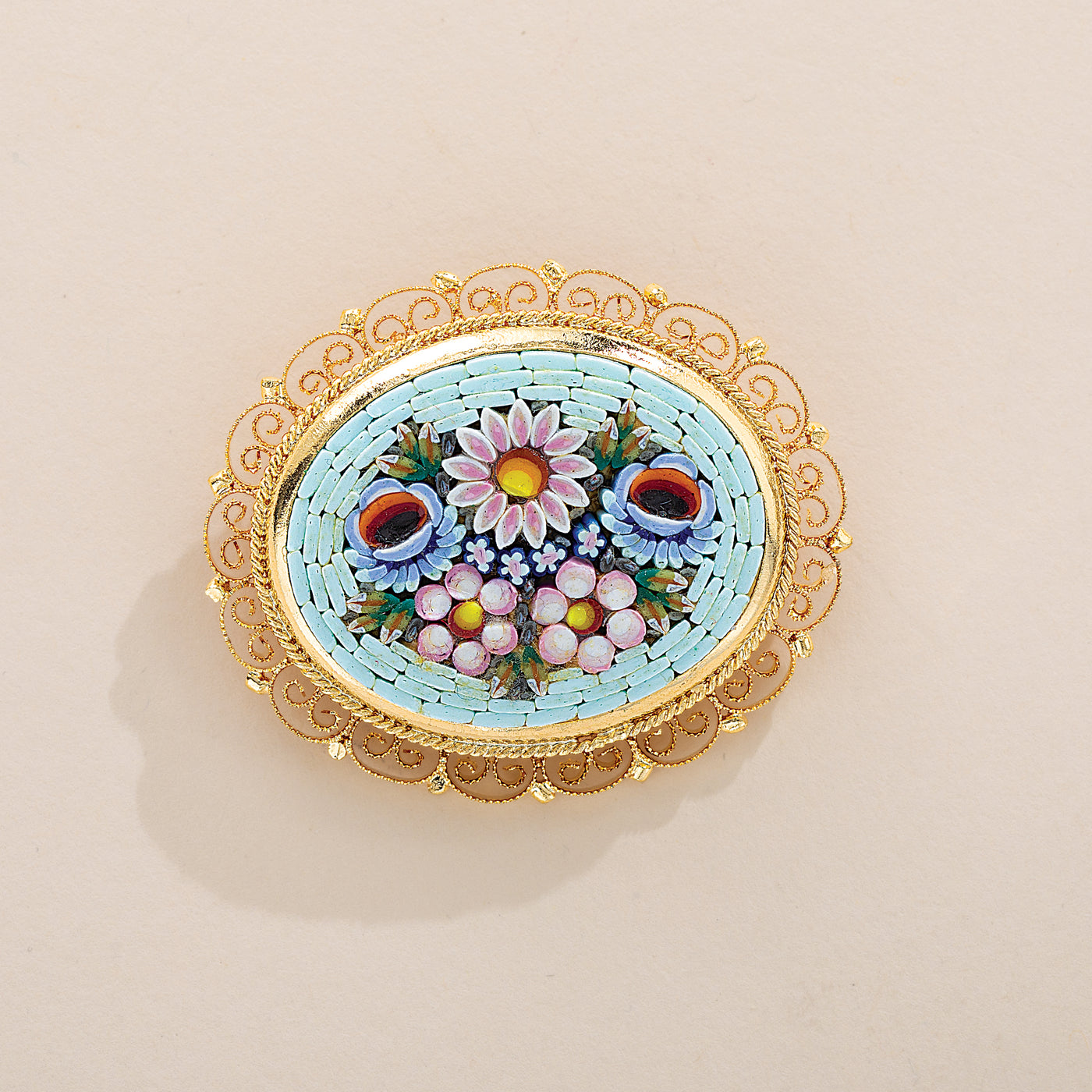 Lace-Edged Millefiori Oval Floral Brooch