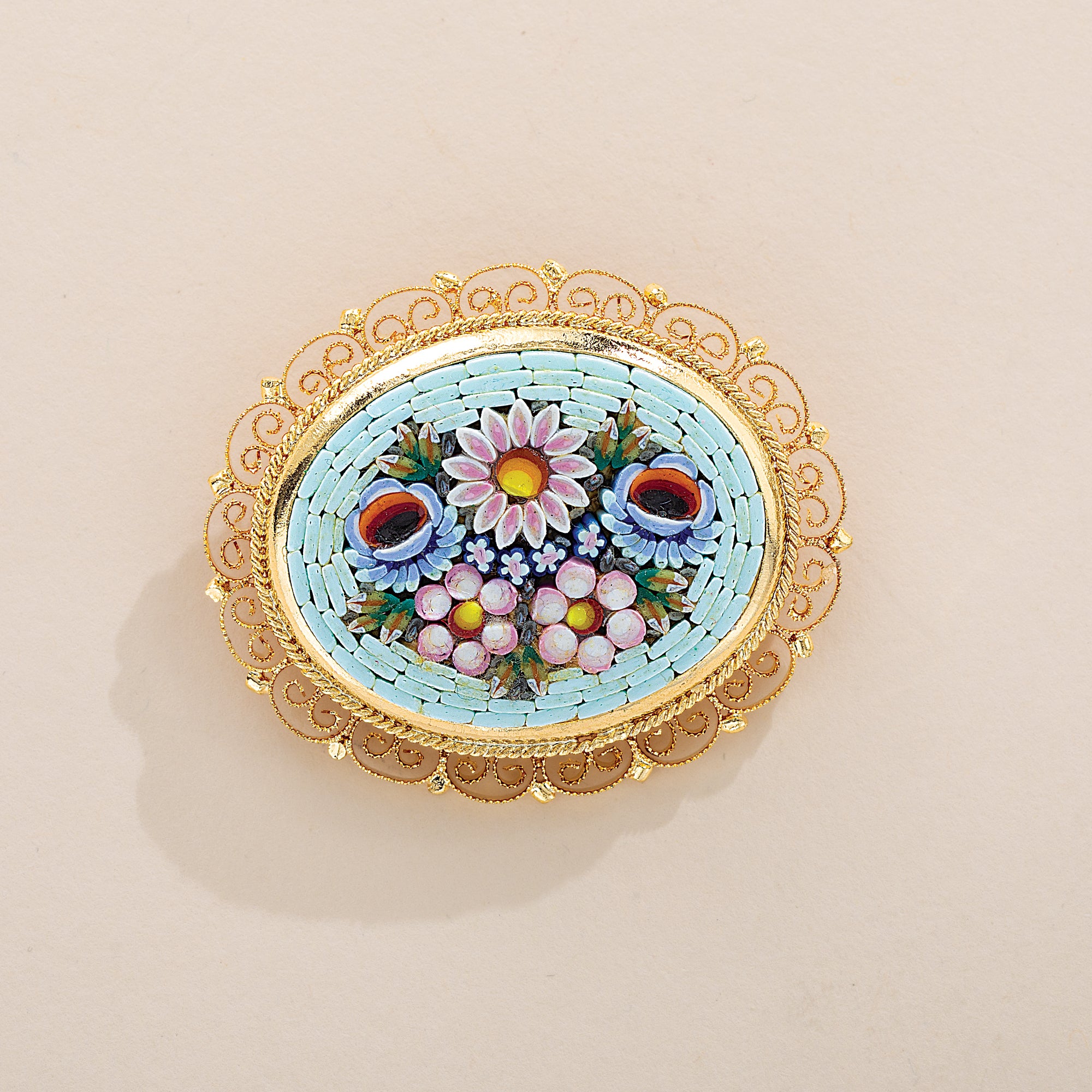Lace-Edged Millefiori Oval Floral Brooch
