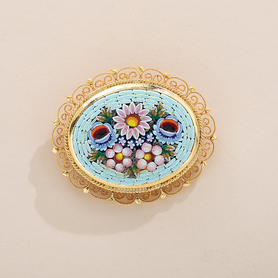 Lace-Edged Millefiori Oval Floral Brooch