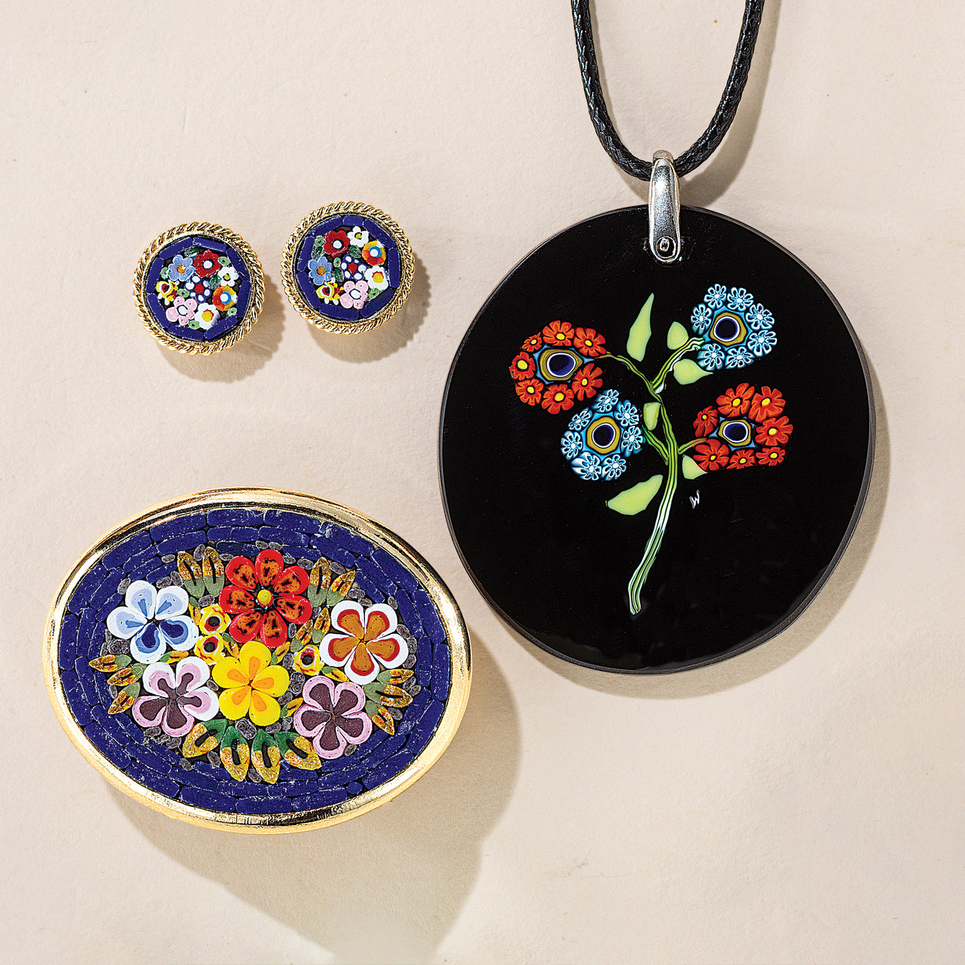 Murano Glass Pretty Posies Florentine Mosaic Oval Brooch (Preorder)