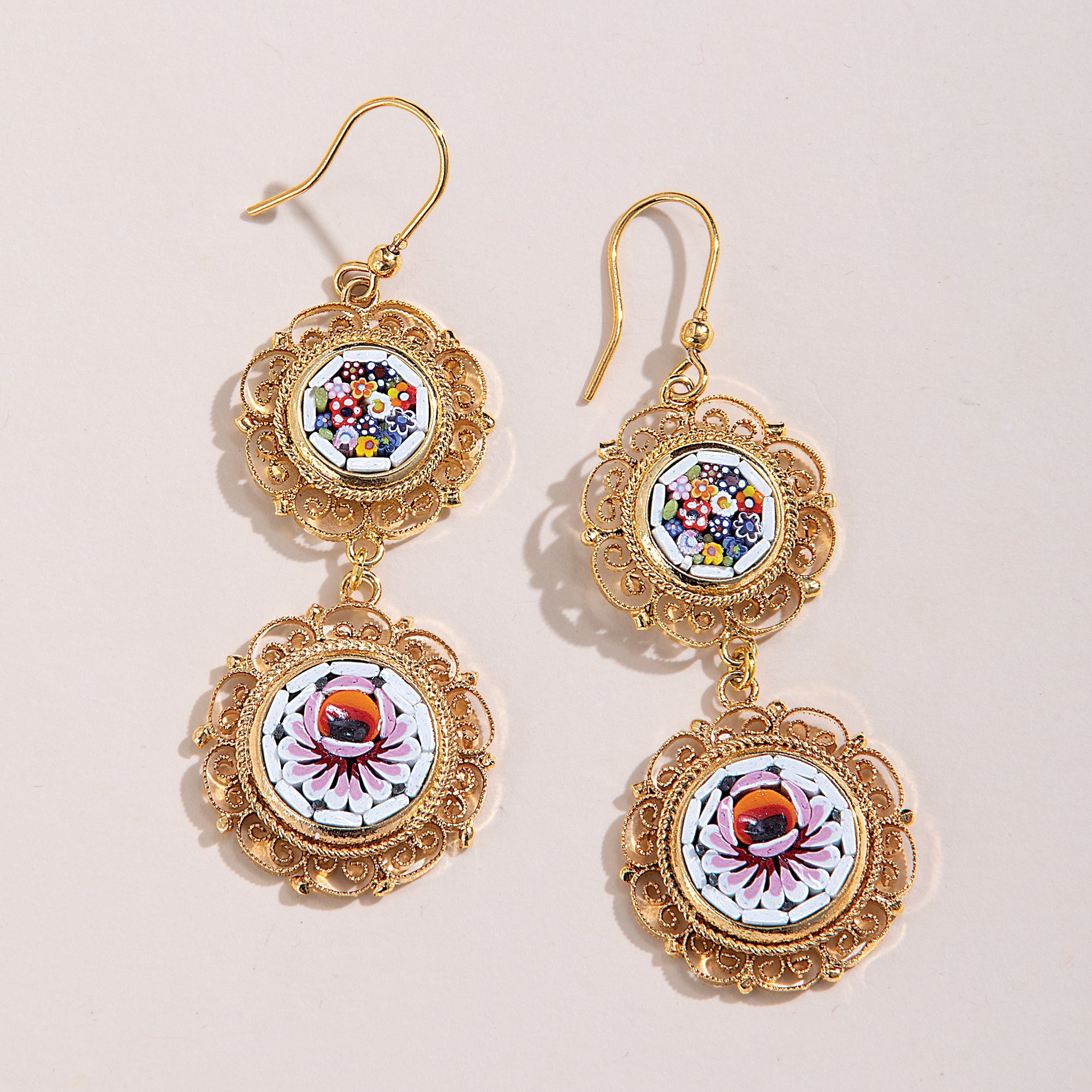 Florentine Murano Glass Mosaic Floral Two-Tier Earrings