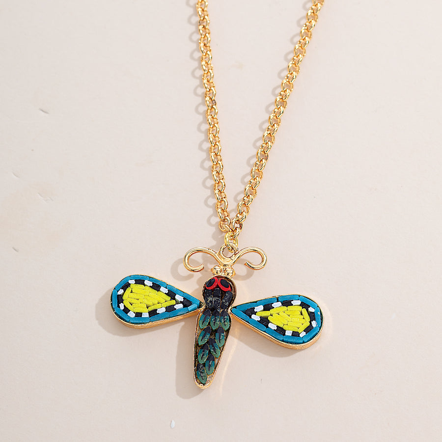 Murano Glass Millefiori Mosaic Dragonfly Pendant Necklace