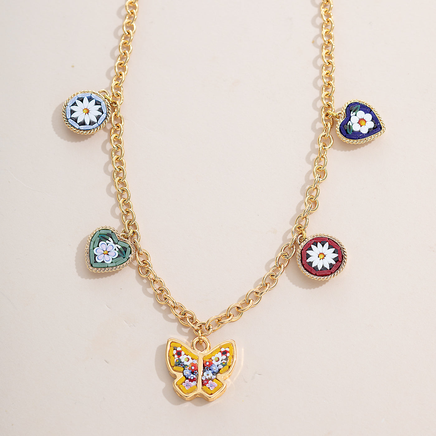 Millefiori Inlaid Mosaic Love & Butterflies Charm Statement Necklace