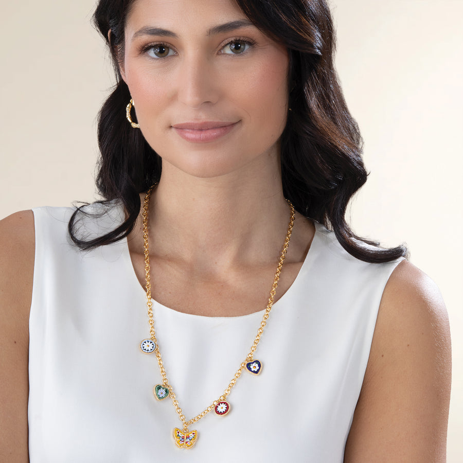 Millefiori Inlaid Mosaic Love & Butterflies Charm Statement Necklace