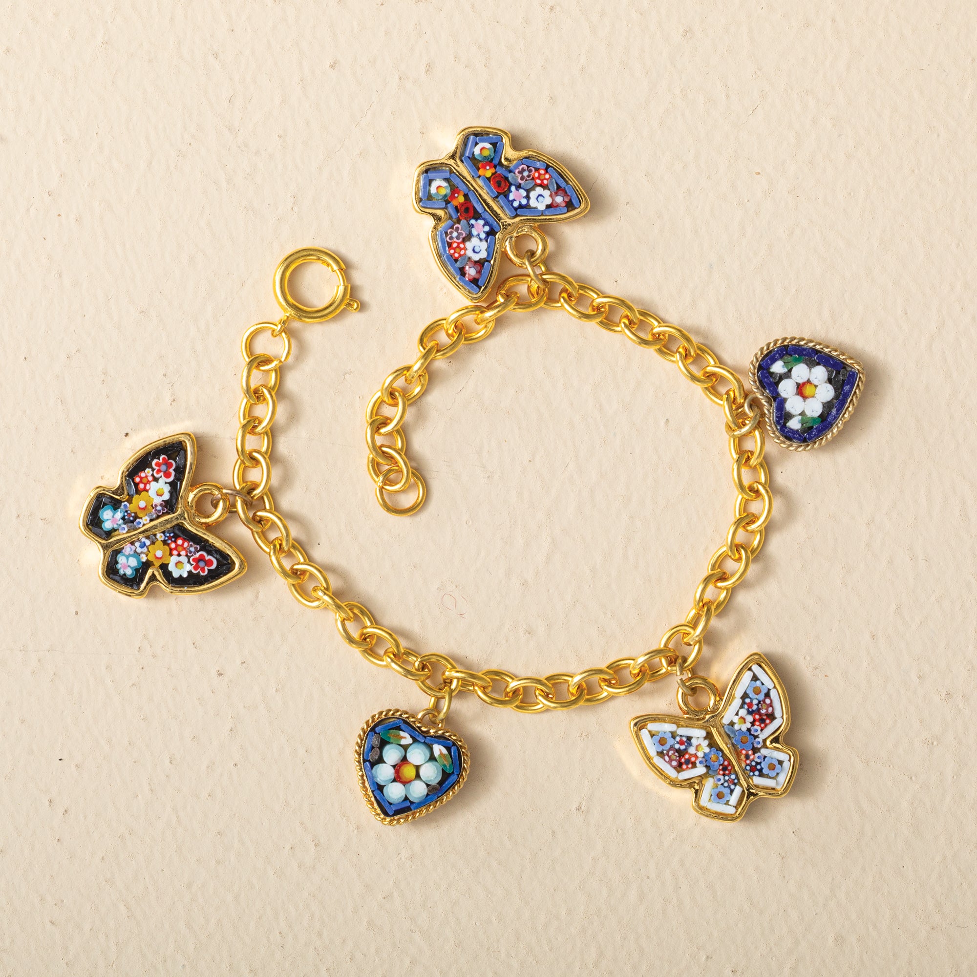 Navy Butterflies & Hearts Millefiori Murano Glass Charm Bracelet