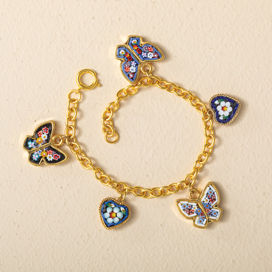 Navy Butterflies & Hearts Millefiori Murano Glass Charm Bracelet