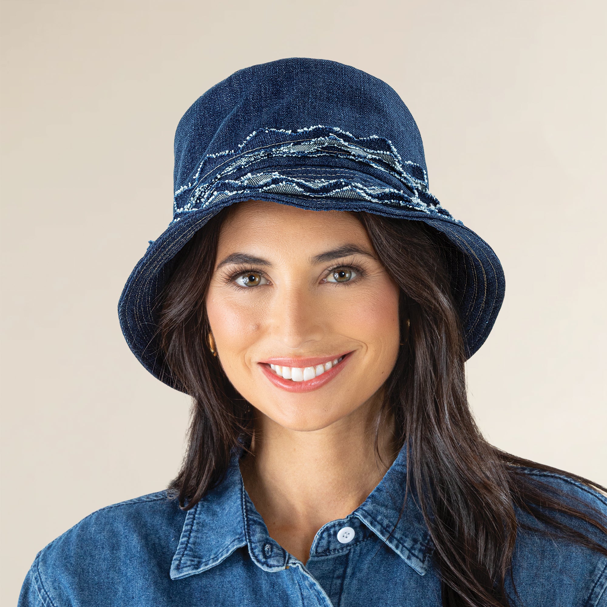 Rebecca Fringed Italian Denim Bucket Hat