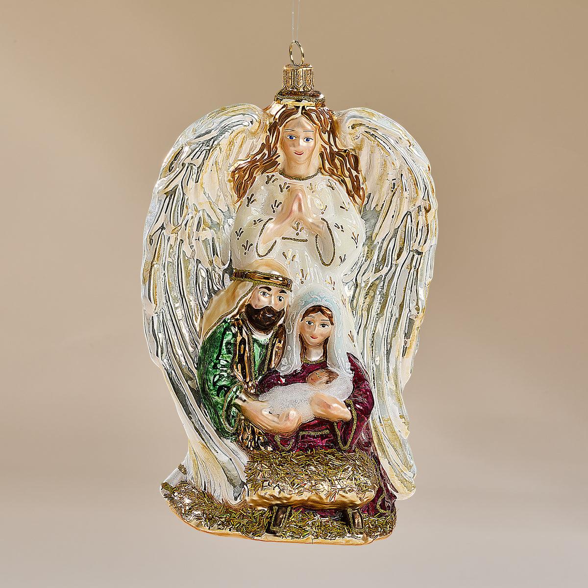 Hand-Painted Glass Holy Family Guardian Angel Ornament (Preorder)