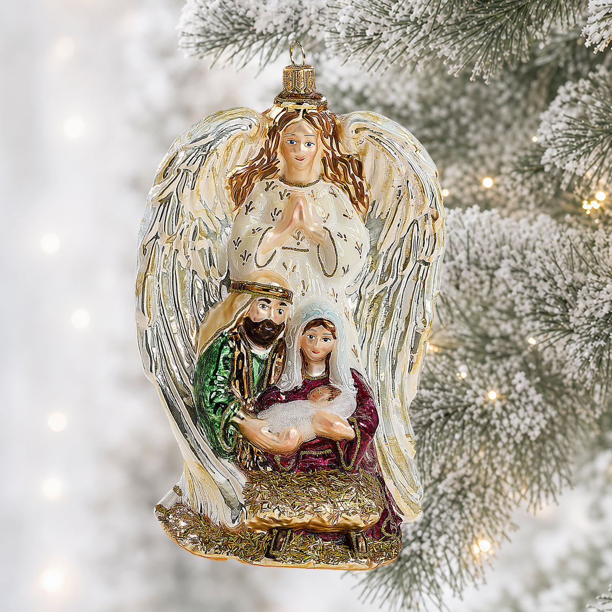 Hand-Painted Glass Holy Family Guardian Angel Ornament (Preorder)