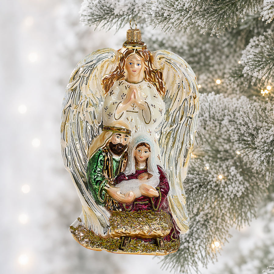 Hand-Painted Glass Holy Family Guardian Angel Ornament (Preorder)