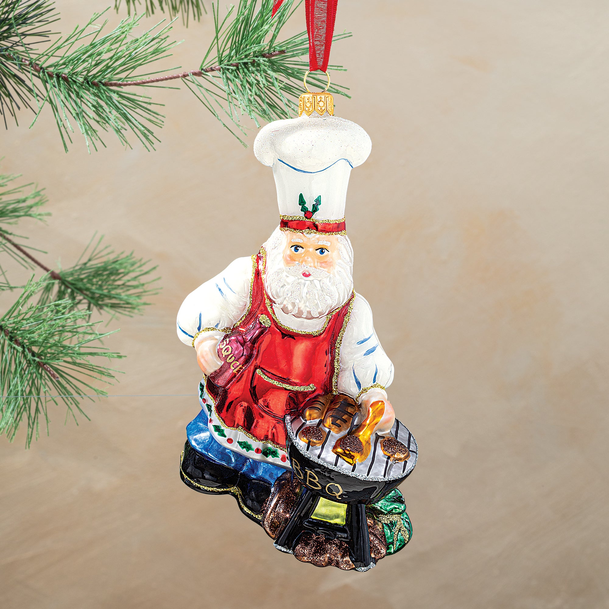 Hand-Painted Glass Grill Master Santa Ornament