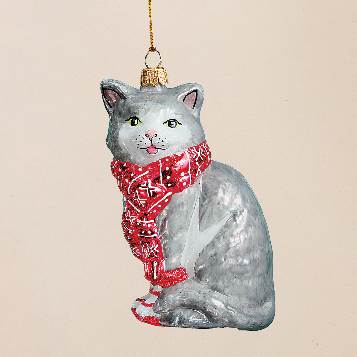 Hand-Painted Red Scarf-Wrapped Cat Glass Ornament