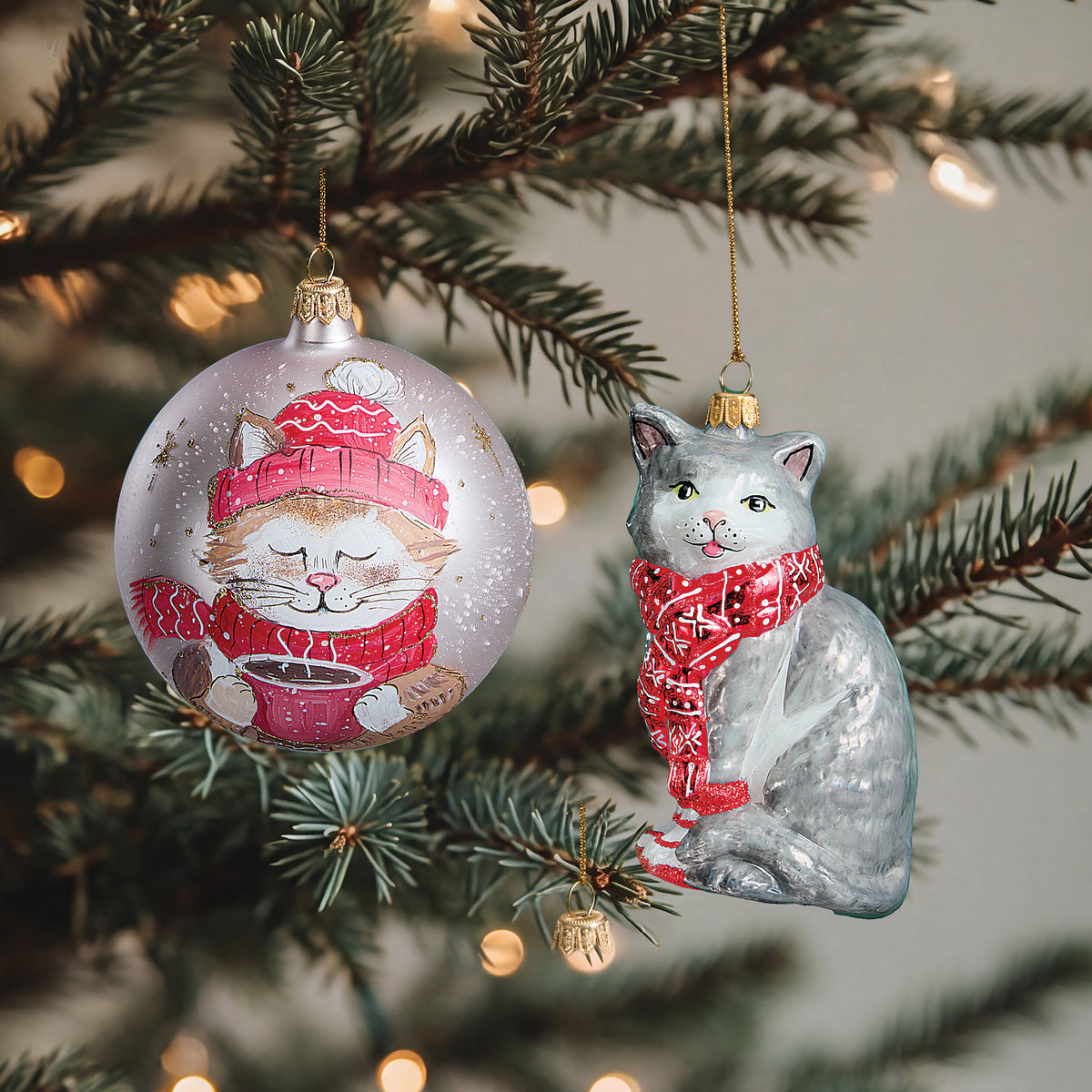 Hand-Painted Red Scarf-Wrapped Cat Glass Ornament