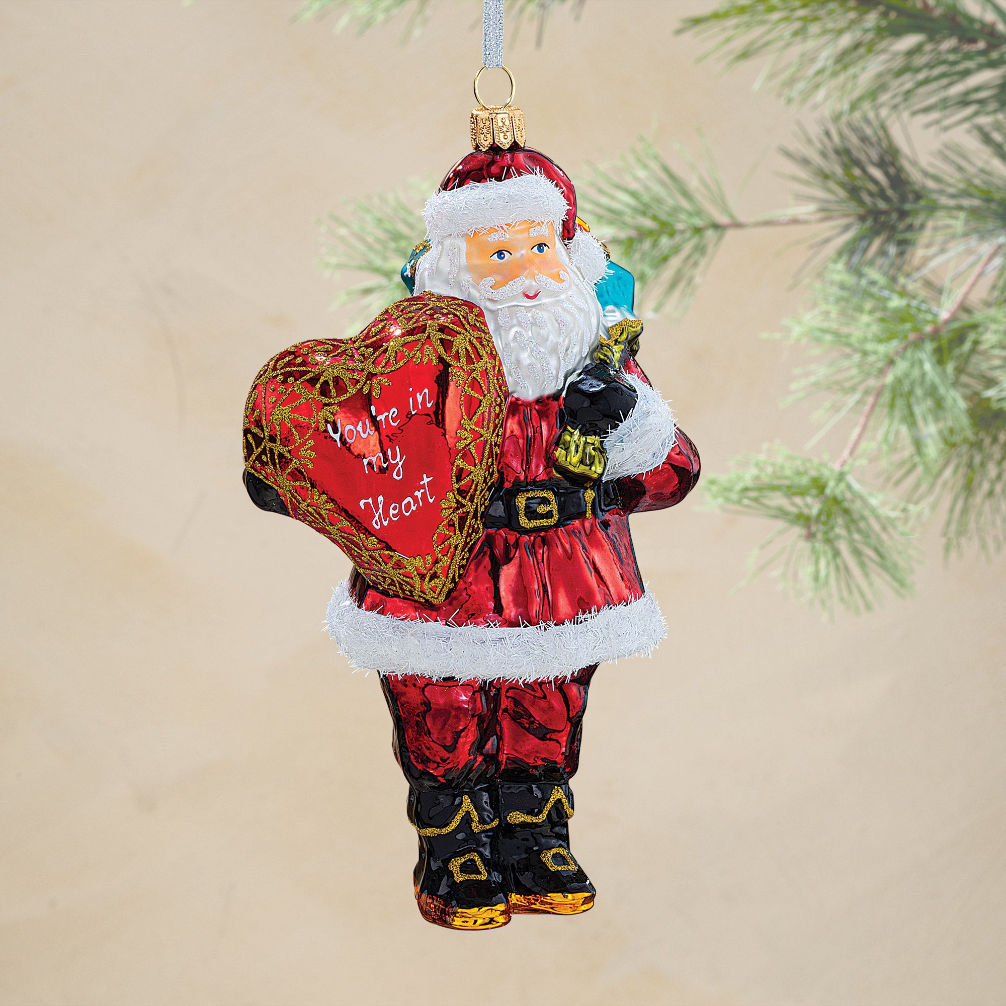 Hand-Painted Glass You're In My Heart Santa Ornament