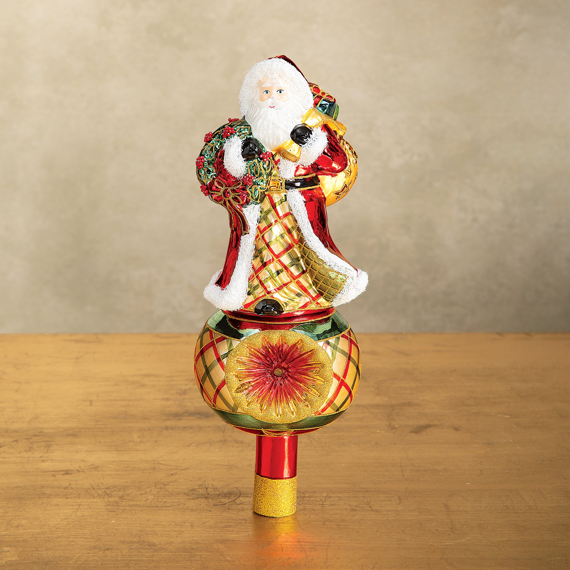 Hand-Blown Glass Plaid Father Christmas Tree Topper (Preorder)