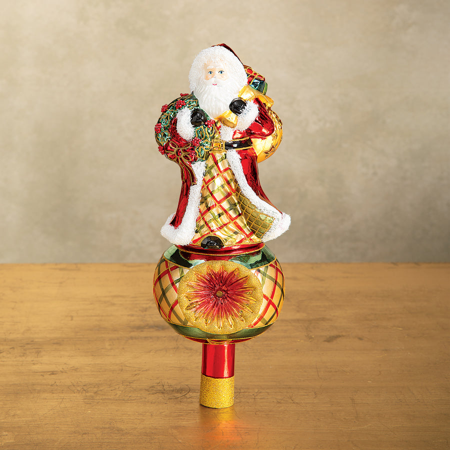 Hand-Blown Glass Plaid Father Christmas Tree Topper (Preorder)