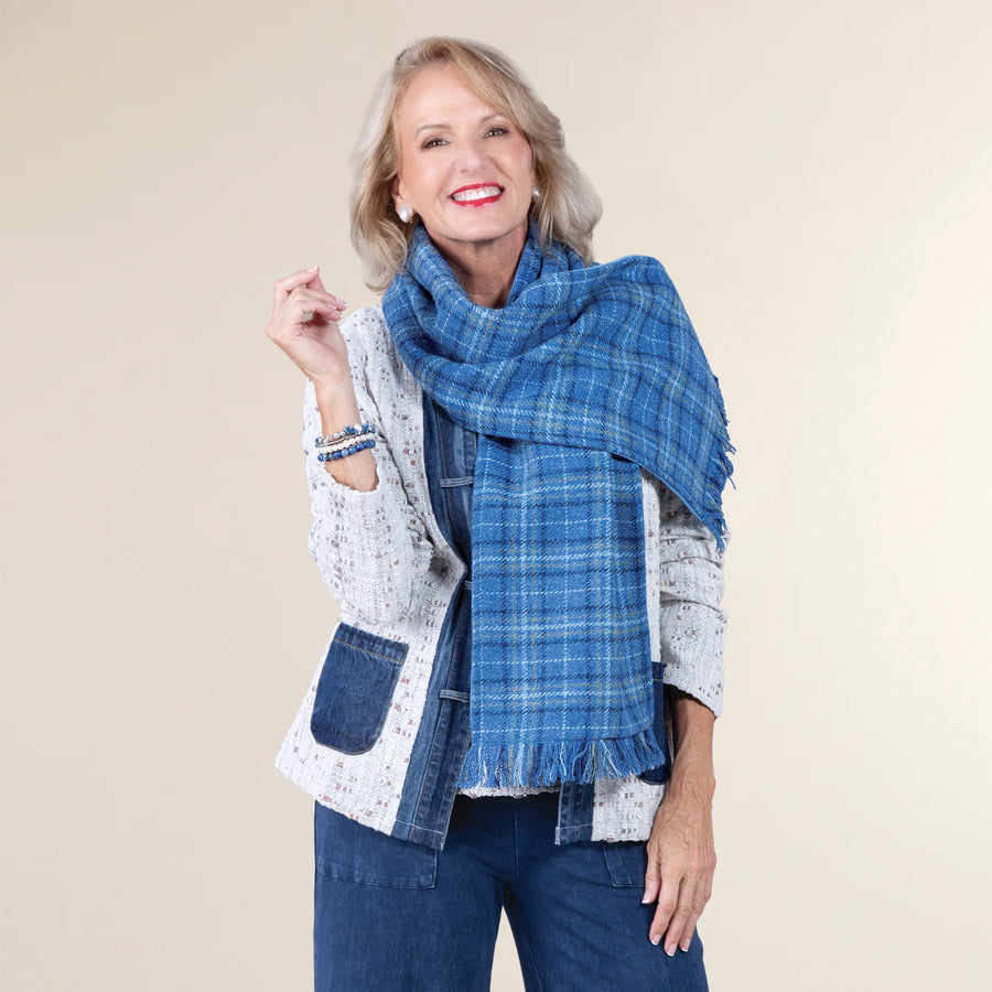 Fiddich Harris Tweed Blue Plaid Scarf (Preorder)