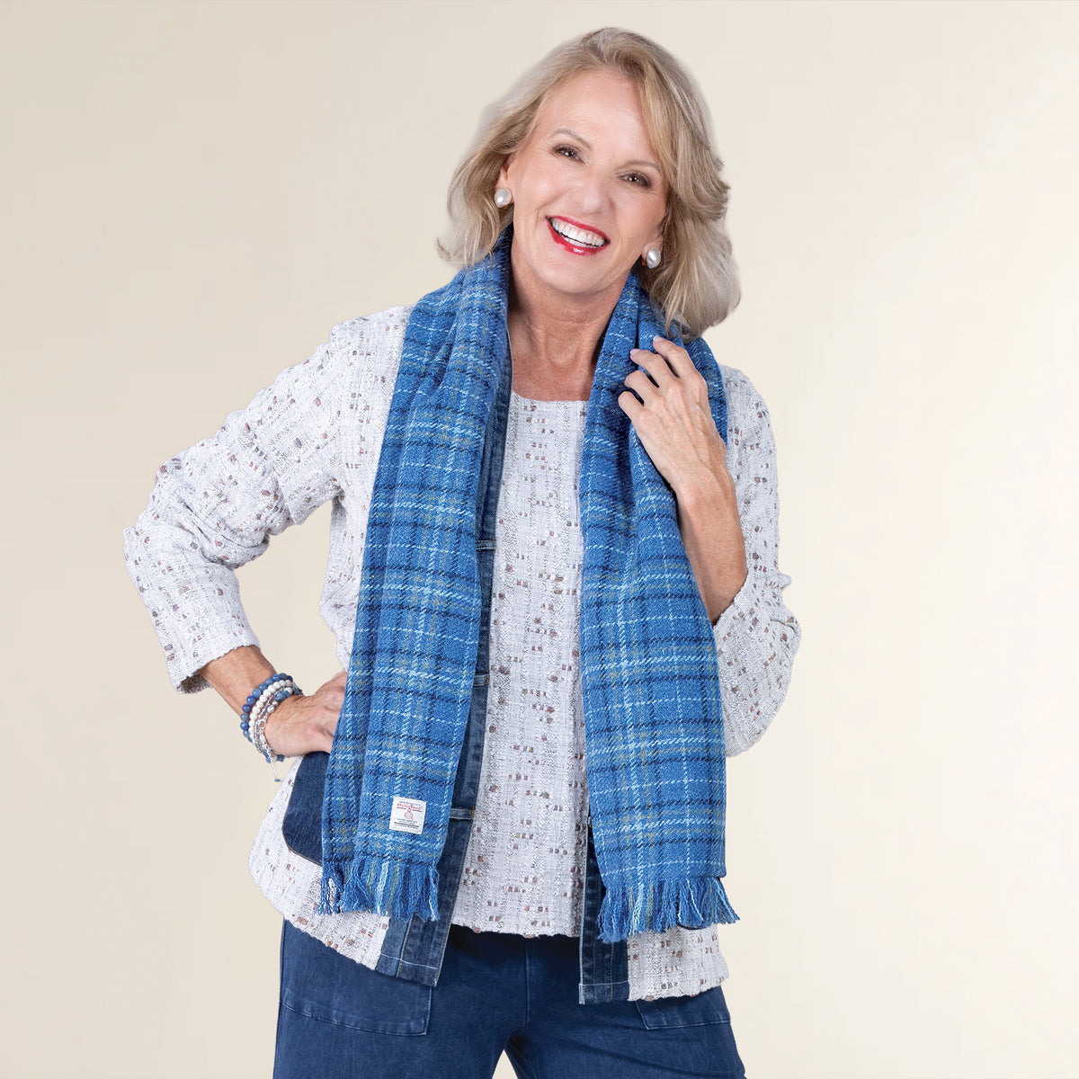 Fiddich Harris Tweed Blue Plaid Scarf (Preorder)