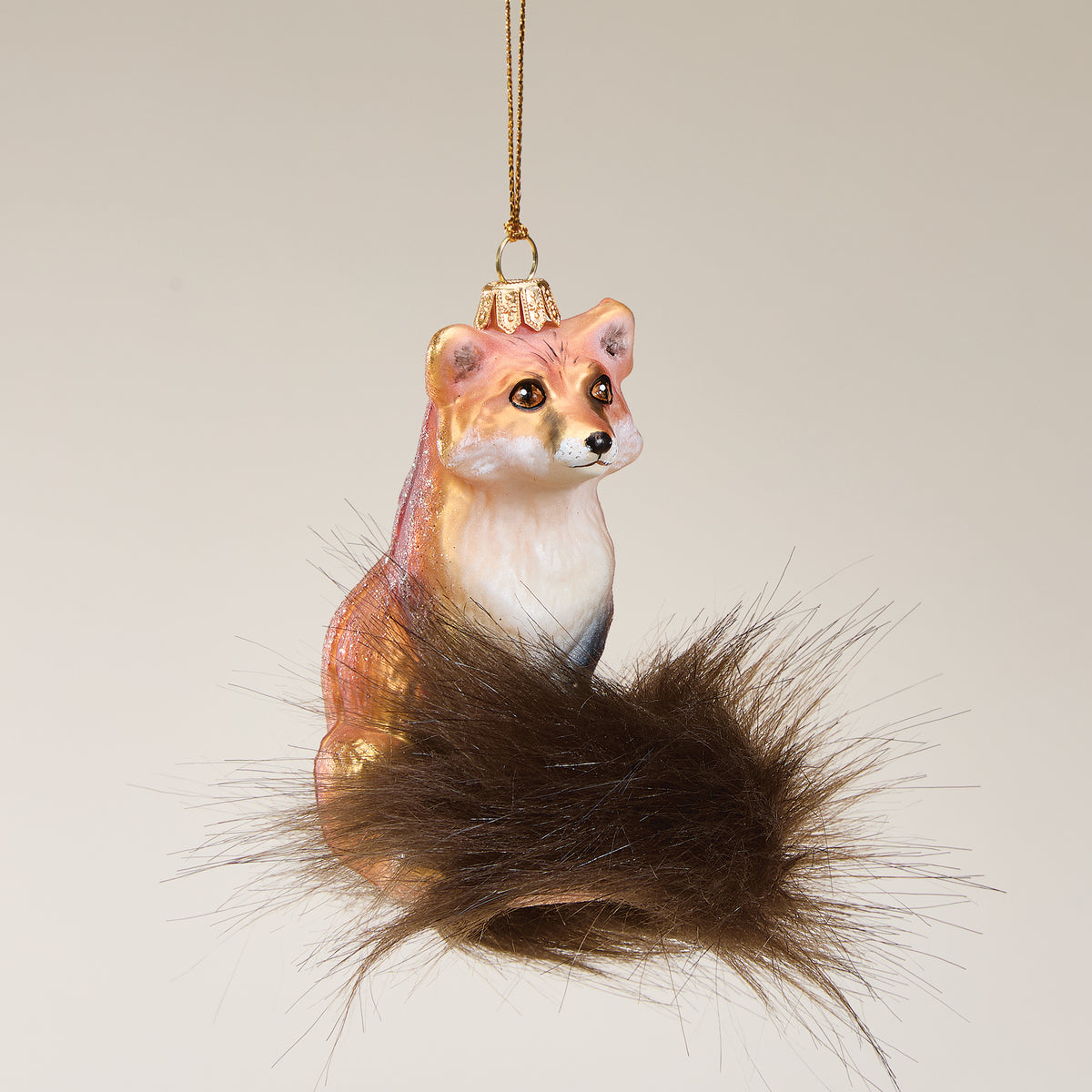 Hand-Painted Glass Faux Fur Tailed Fox Ornament