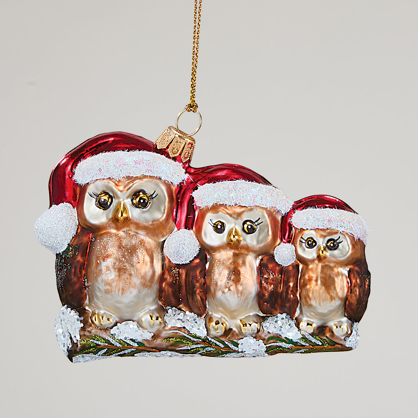 Hand-Painted Glass Santa Owls Ornament