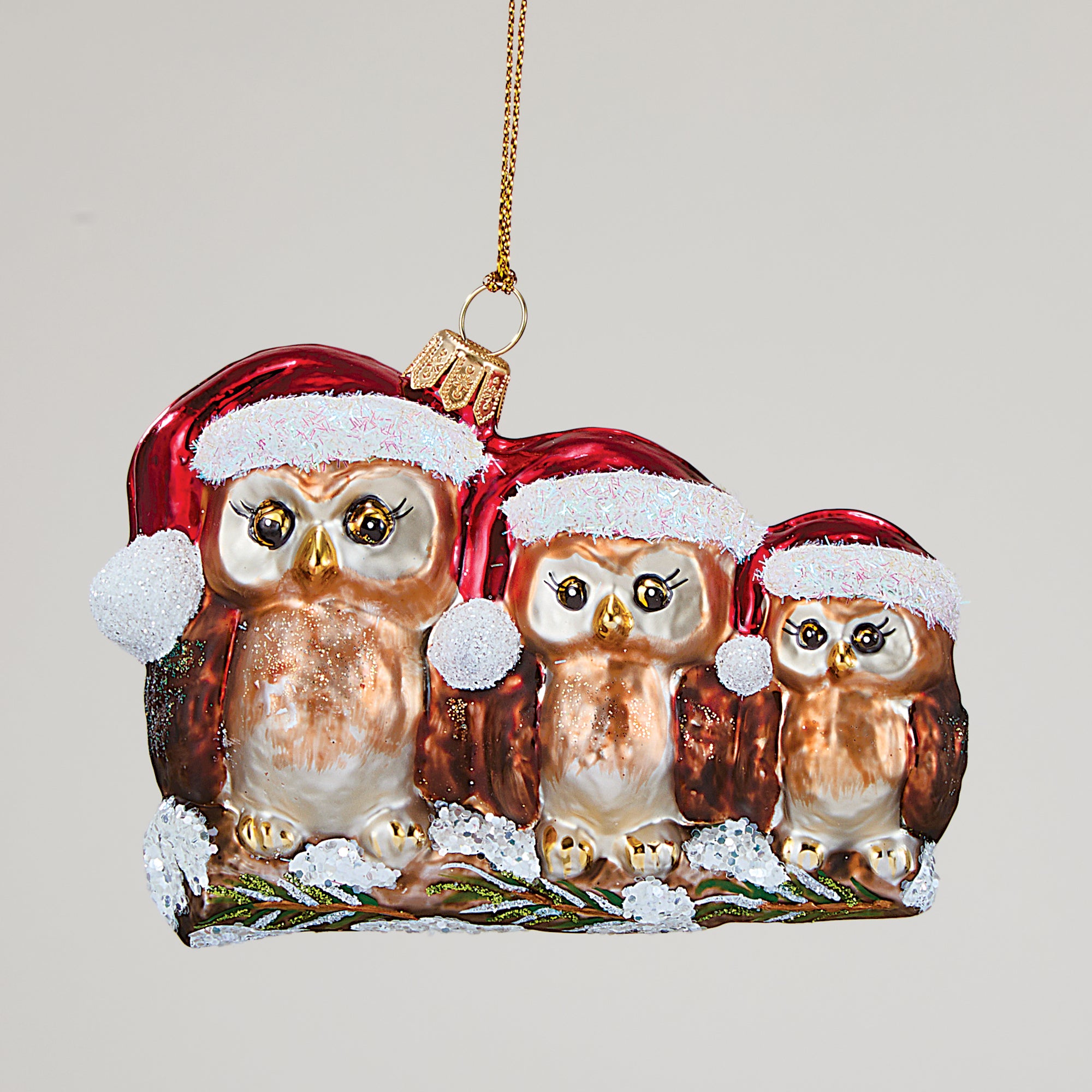 Hand-Painted Glass Santa Owls Ornament