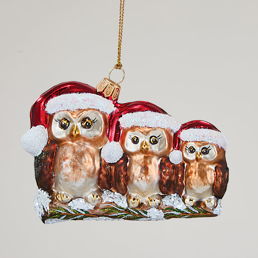 Hand-Painted Glass Santa Owls Ornament