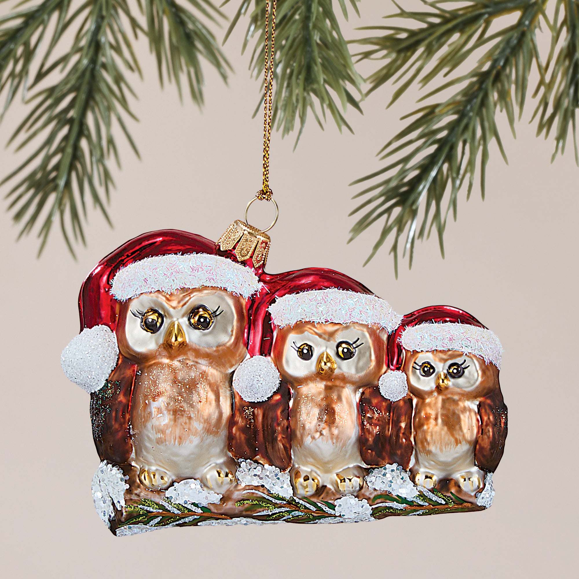 Hand-Painted Glass Santa Owls Ornament