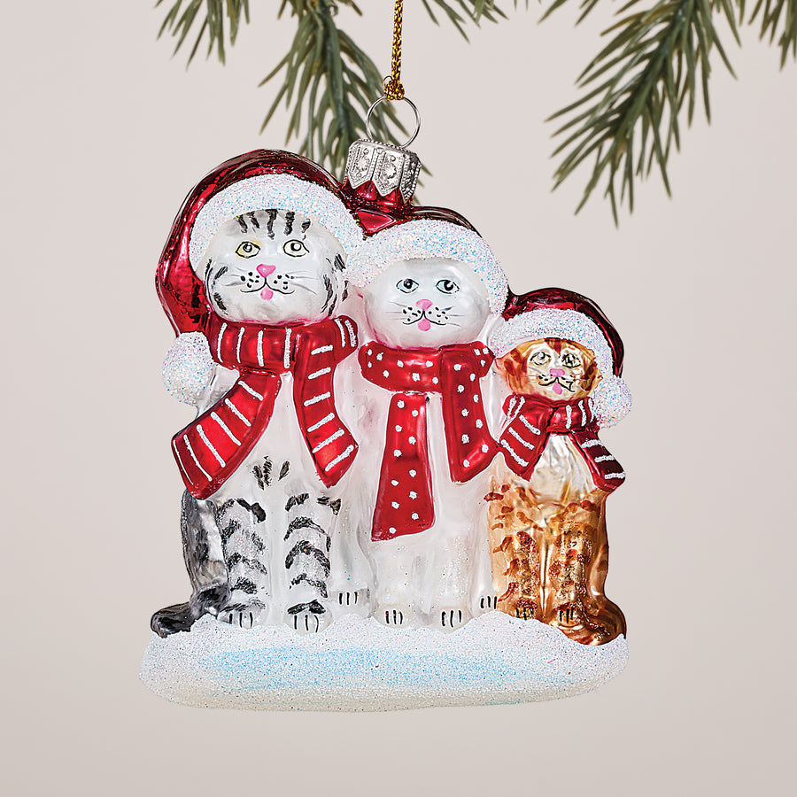 Hand-Painted Glass Feline Family Ornament