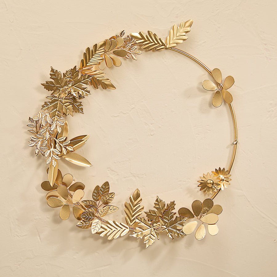 Golden Metal Floral Wreath Wall Art