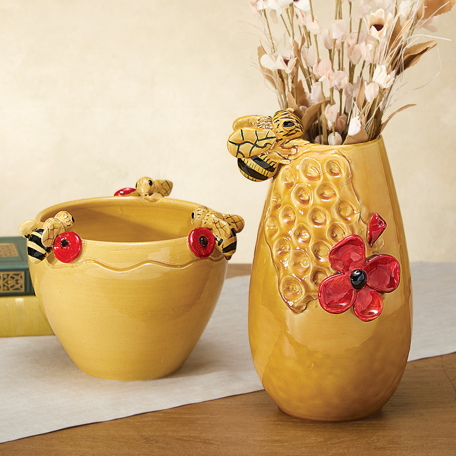 Hand-Painted Italian Ceramic Bees & Poppies Vase (Preorder)