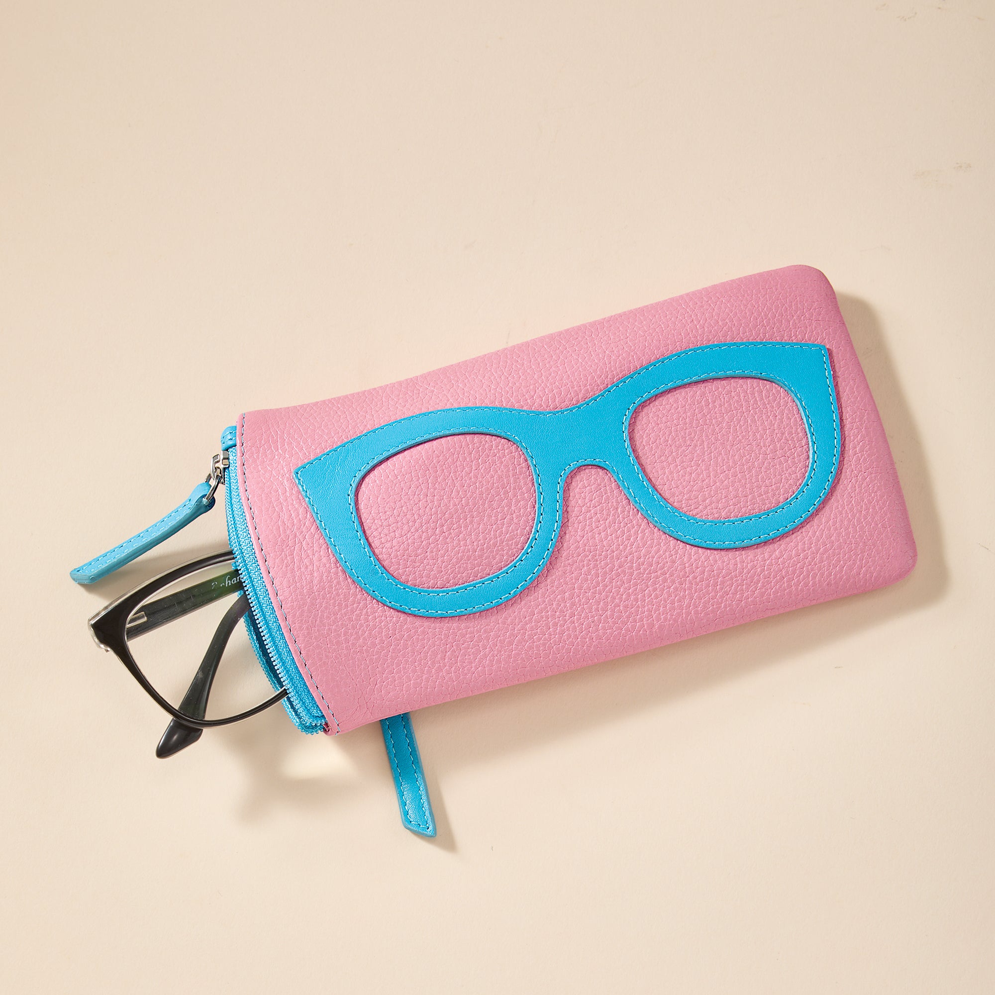 Pale Pink & Blue Leather Eyeglass Case (Preorder)