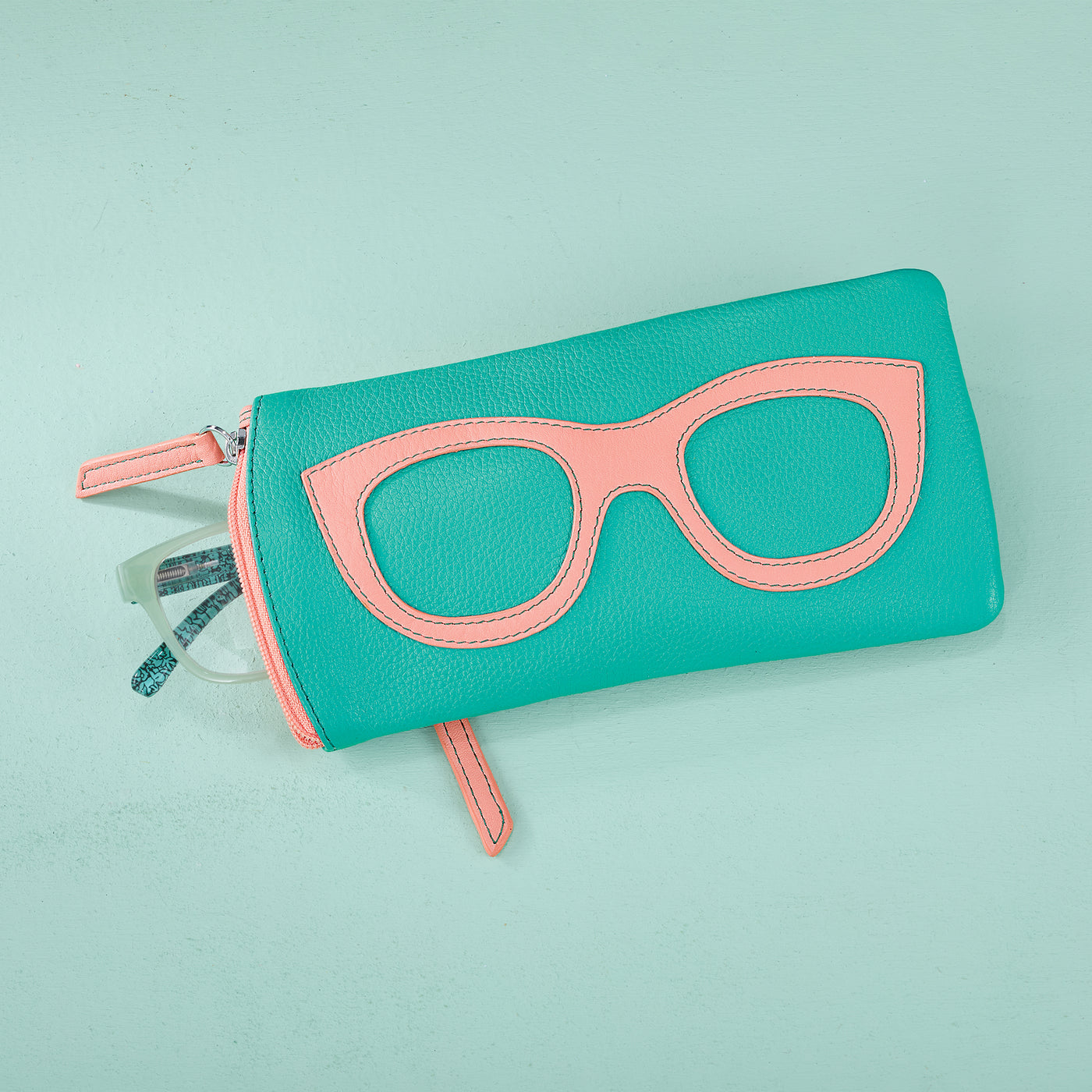 Turquoise & Peach Leather Eyeglass Case (Preorder)