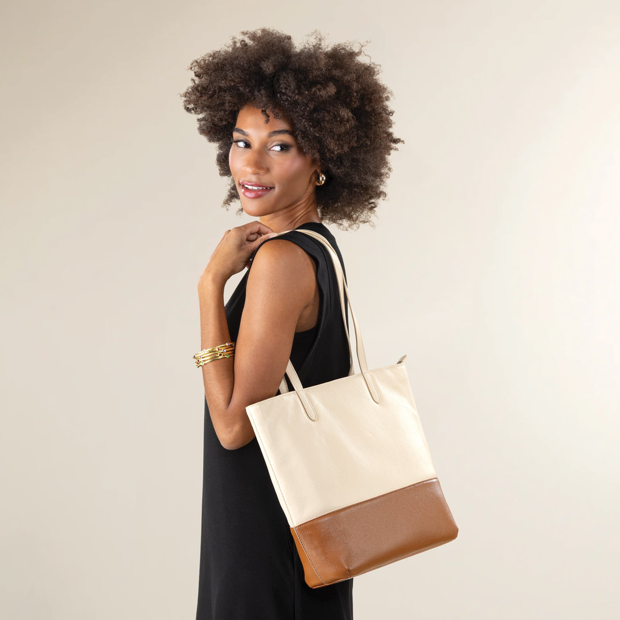 Two-Toned Neutral Indian Leather Tote