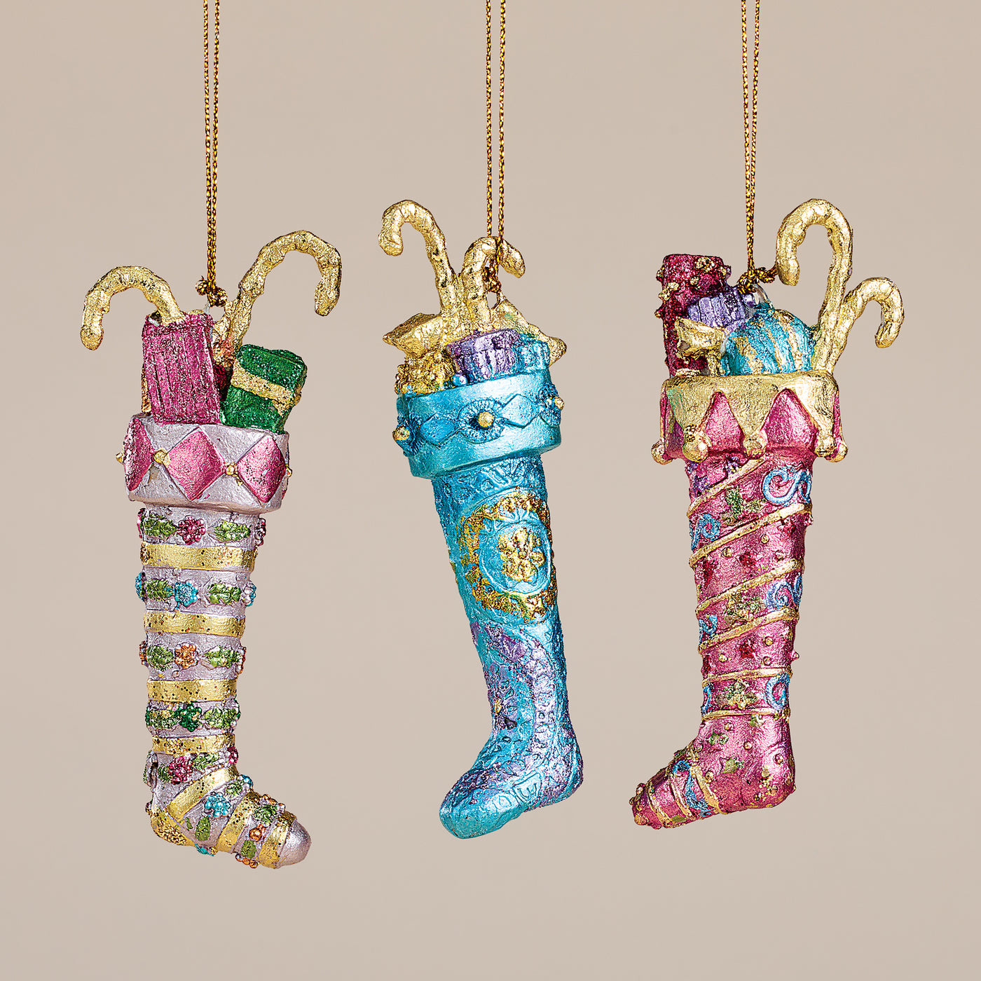 Hand-Painted Toy Filled Stocking Ornaments Set of 3