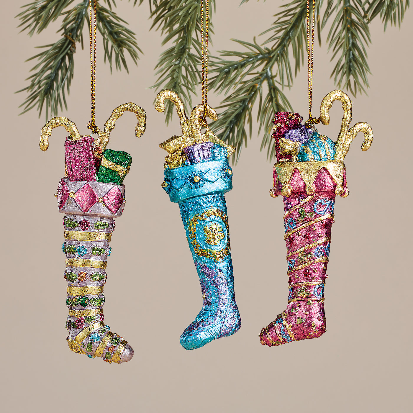 Hand-Painted Toy Filled Stocking Ornaments Set of 3
