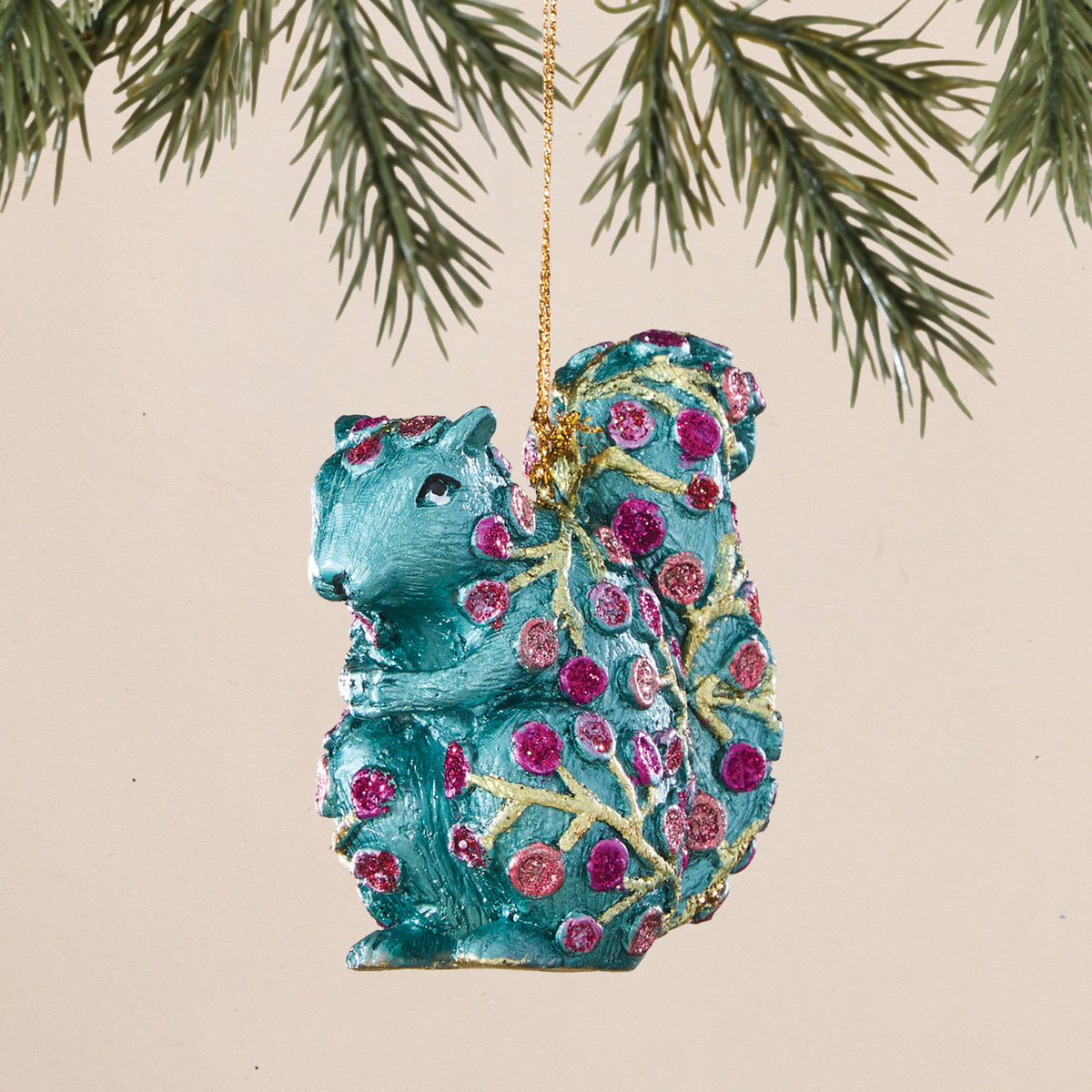 Hand-Painted Blue Floral Squirrel Ornament (Preorder)